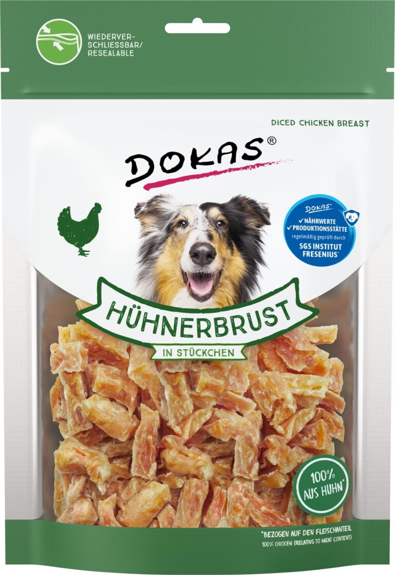 DOKAS Hühnerbrust in Stückchen – glutenfreier Premium-Snack für Hunde